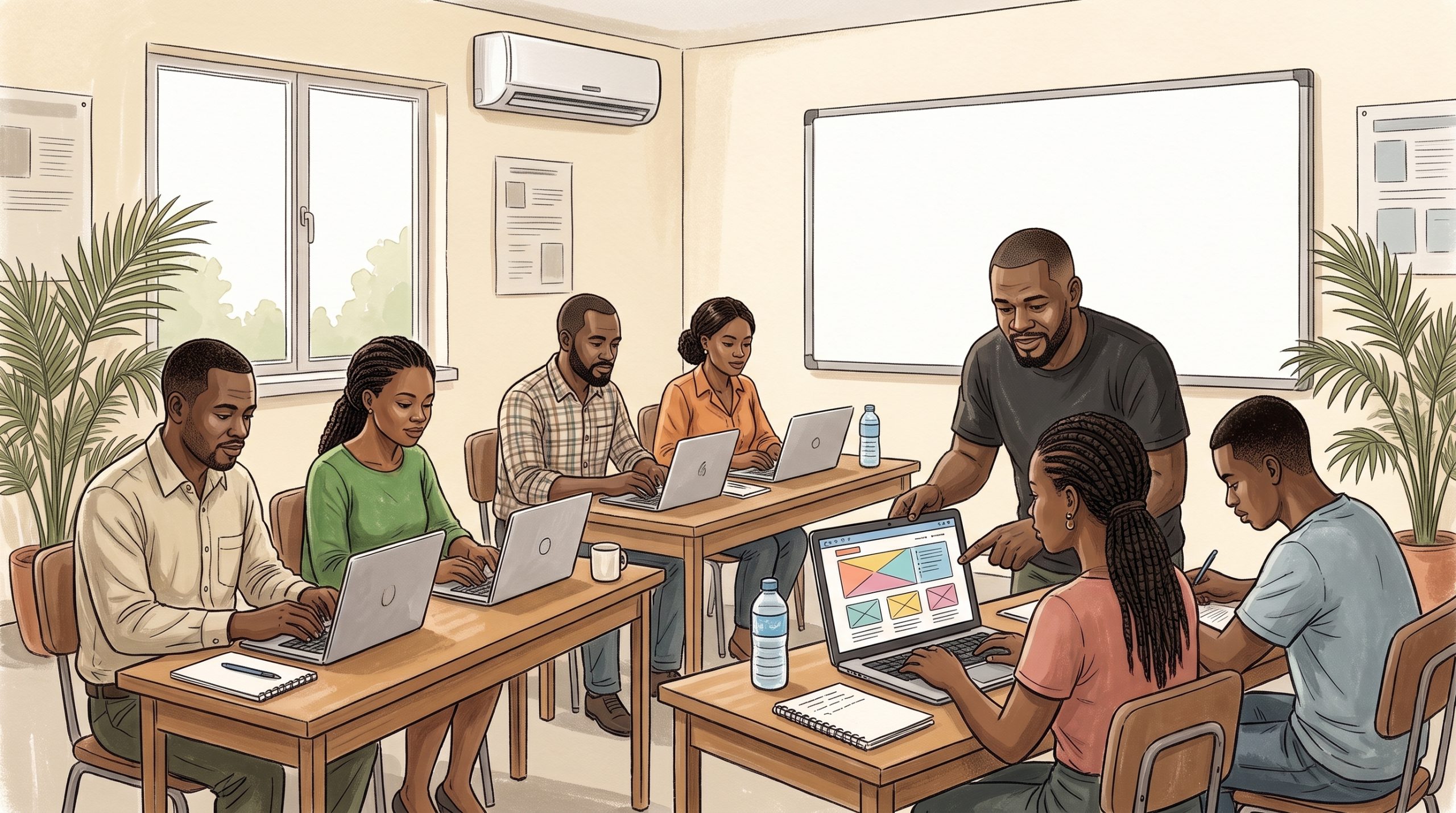 Apprenants devant leurs ordinateurs pendant la formation WordPress à Godomey Gare